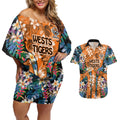 Wests Tigers Couples Matching Off Shoulder Short Dress and Hawaiian Shirt Tropical Hibiscus Floral Pattern With Orange And Black Accents
