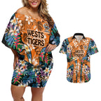 Wests Tigers Couples Matching Off Shoulder Short Dress and Hawaiian Shirt Tropical Hibiscus Floral Pattern With Orange And Black Accents