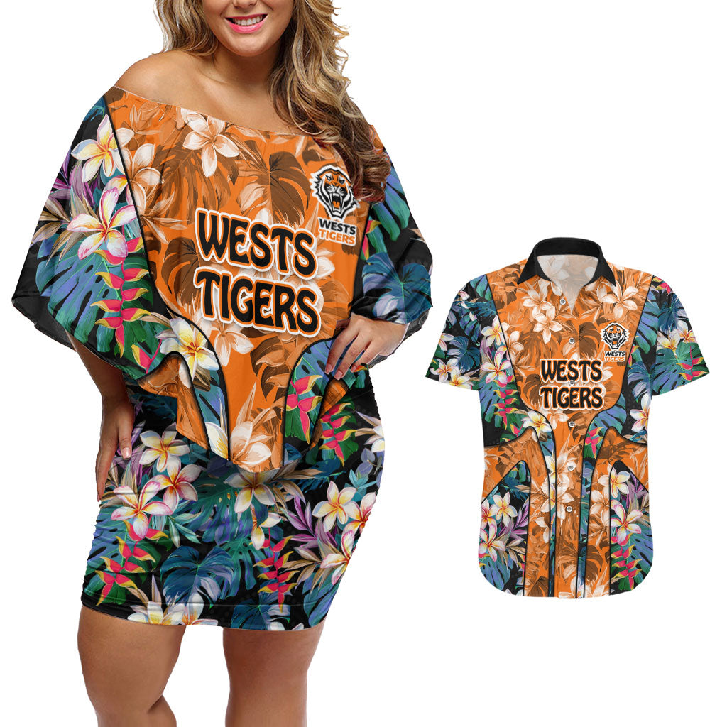 Wests Tigers Couples Matching Off Shoulder Short Dress and Hawaiian Shirt Tropical Hibiscus Floral Pattern With Orange And Black Accents