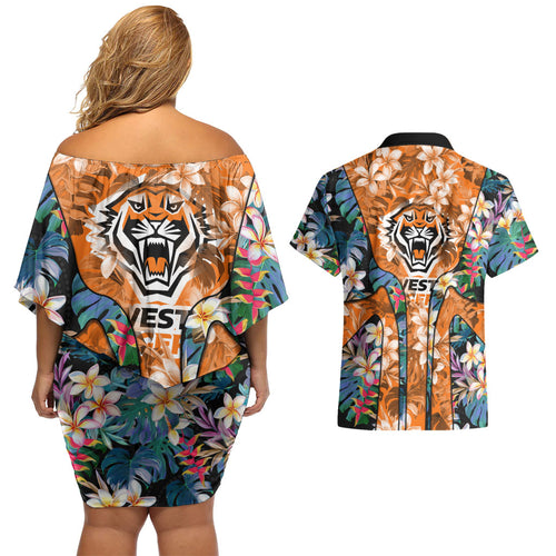 Wests Tigers Couples Matching Off Shoulder Short Dress and Hawaiian Shirt Tropical Hibiscus Floral Pattern With Orange And Black Accents