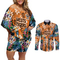 Wests Tigers Couples Matching Off Shoulder Short Dress and Long Sleeve Button Shirt Tropical Hibiscus Floral Pattern With Orange And Black Accents