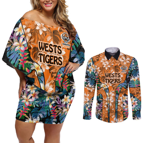 Wests Tigers Couples Matching Off Shoulder Short Dress and Long Sleeve Button Shirt Tropical Hibiscus Floral Pattern With Orange And Black Accents