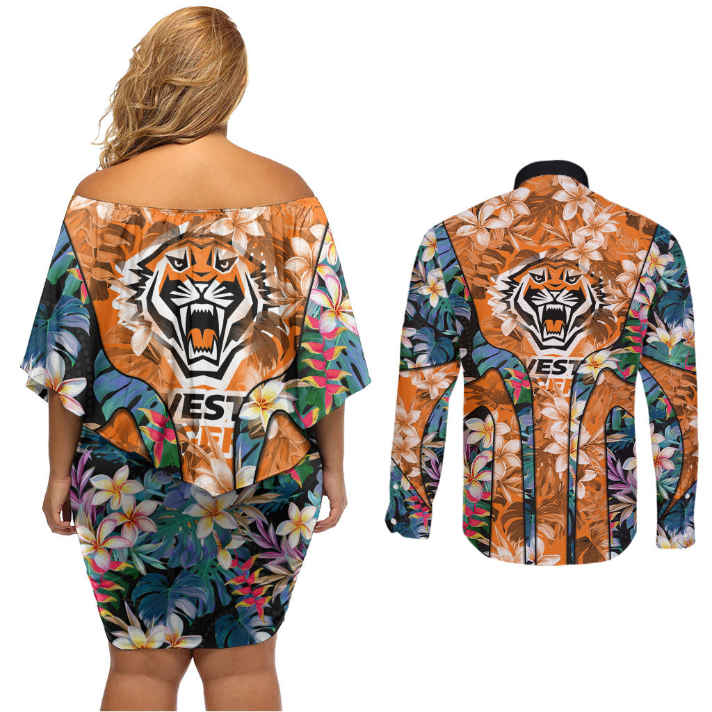 Wests Tigers Couples Matching Off Shoulder Short Dress and Long Sleeve Button Shirt Tropical Hibiscus Floral Pattern With Orange And Black Accents