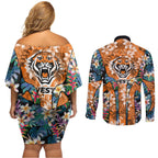 Wests Tigers Couples Matching Off Shoulder Short Dress and Long Sleeve Button Shirt Tropical Hibiscus Floral Pattern With Orange And Black Accents