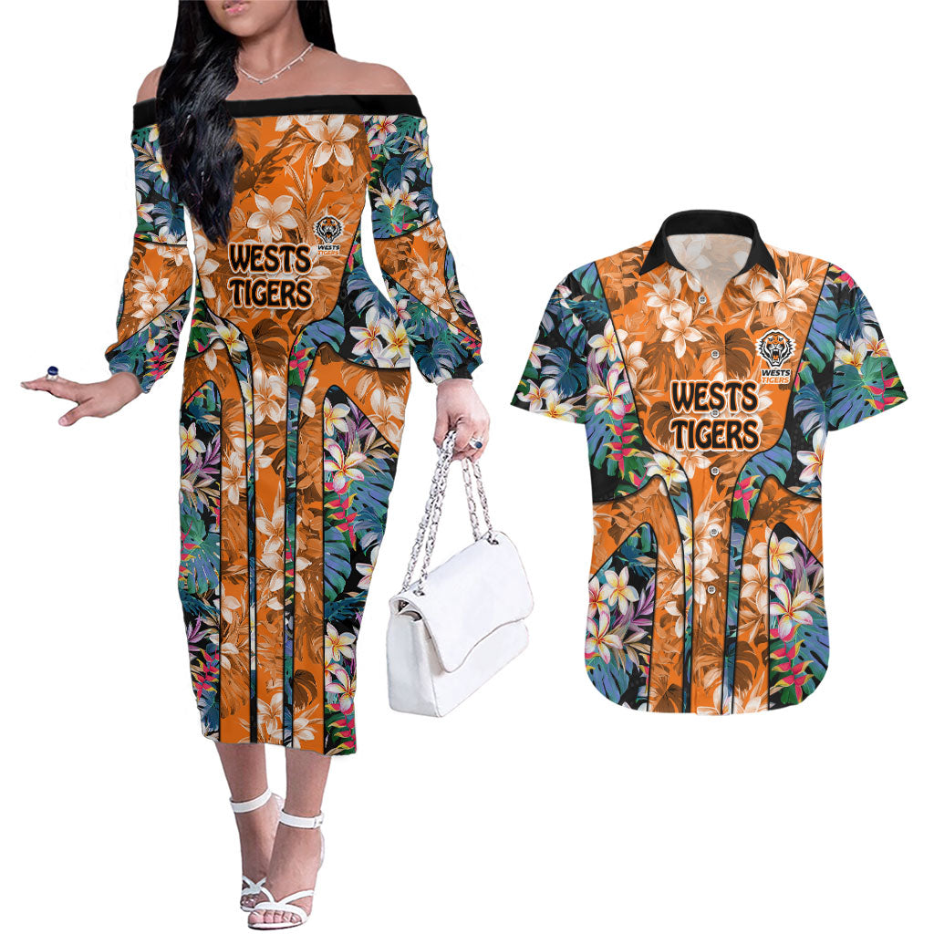 Wests Tigers Couples Matching Off The Shoulder Long Sleeve Dress and Hawaiian Shirt Tropical Hibiscus Floral Pattern With Orange And Black Accents