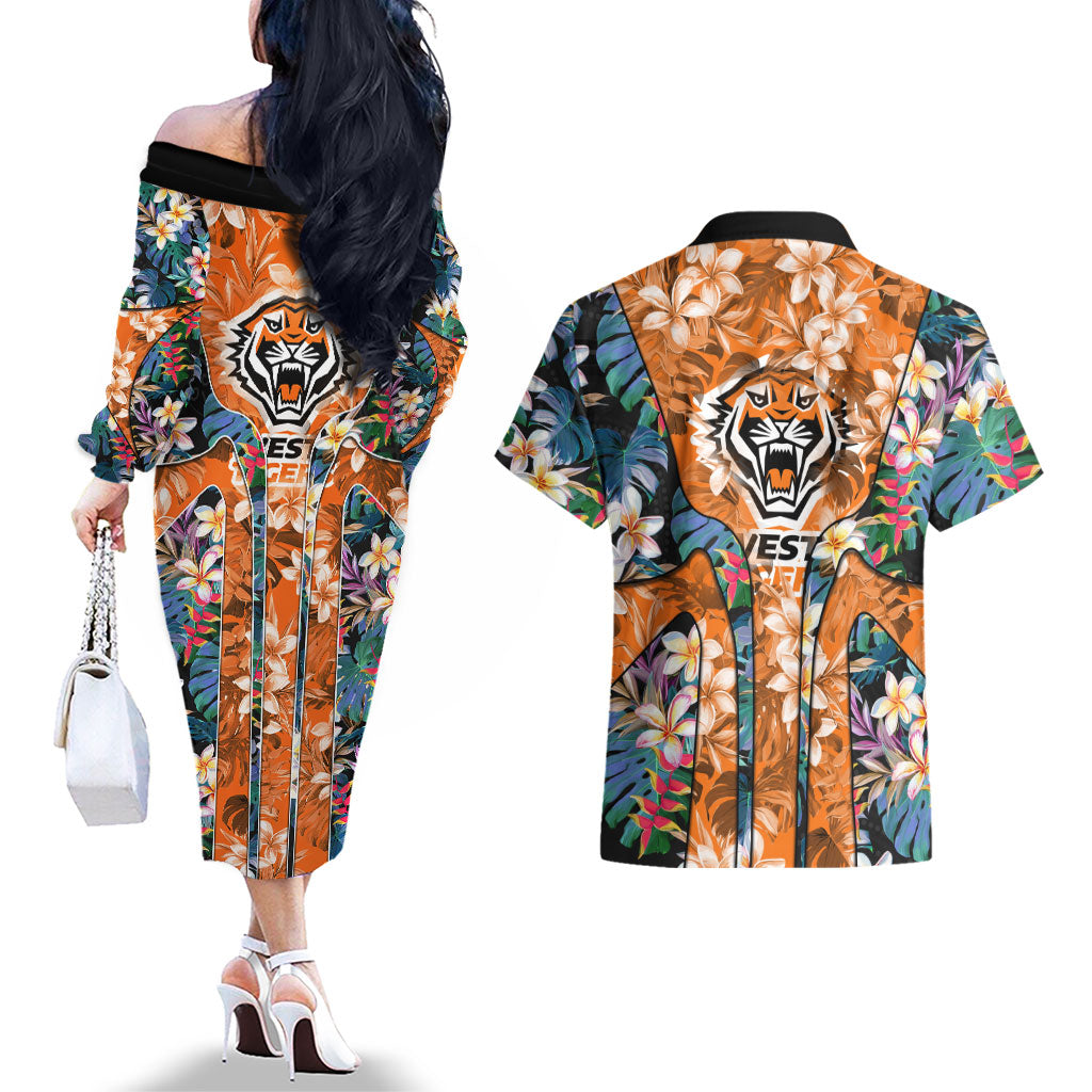 Wests Tigers Couples Matching Off The Shoulder Long Sleeve Dress and Hawaiian Shirt Tropical Hibiscus Floral Pattern With Orange And Black Accents