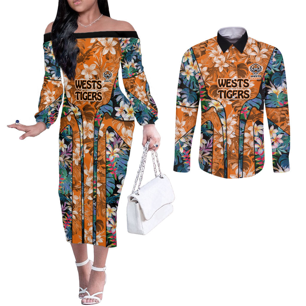 Wests Tigers Couples Matching Off The Shoulder Long Sleeve Dress and Long Sleeve Button Shirt Tropical Hibiscus Floral Pattern With Orange And Black Accents