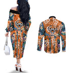 Wests Tigers Couples Matching Off The Shoulder Long Sleeve Dress and Long Sleeve Button Shirt Tropical Hibiscus Floral Pattern With Orange And Black Accents