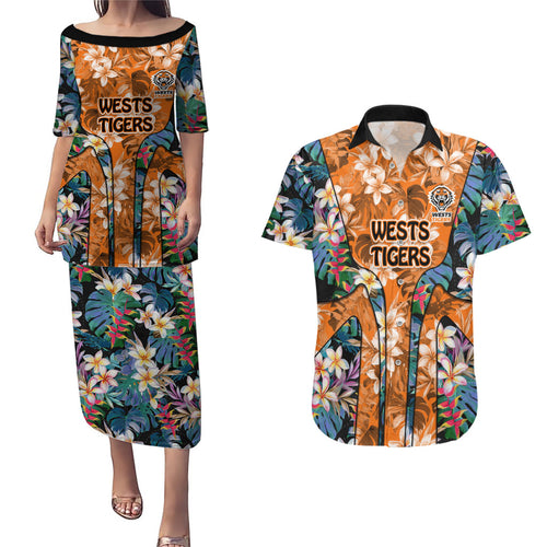 Wests Tigers Couples Matching Puletasi and Hawaiian Shirt Tropical Hibiscus Floral Pattern With Orange And Black Accents
