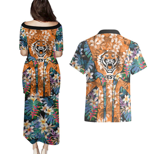 Wests Tigers Couples Matching Puletasi and Hawaiian Shirt Tropical Hibiscus Floral Pattern With Orange And Black Accents