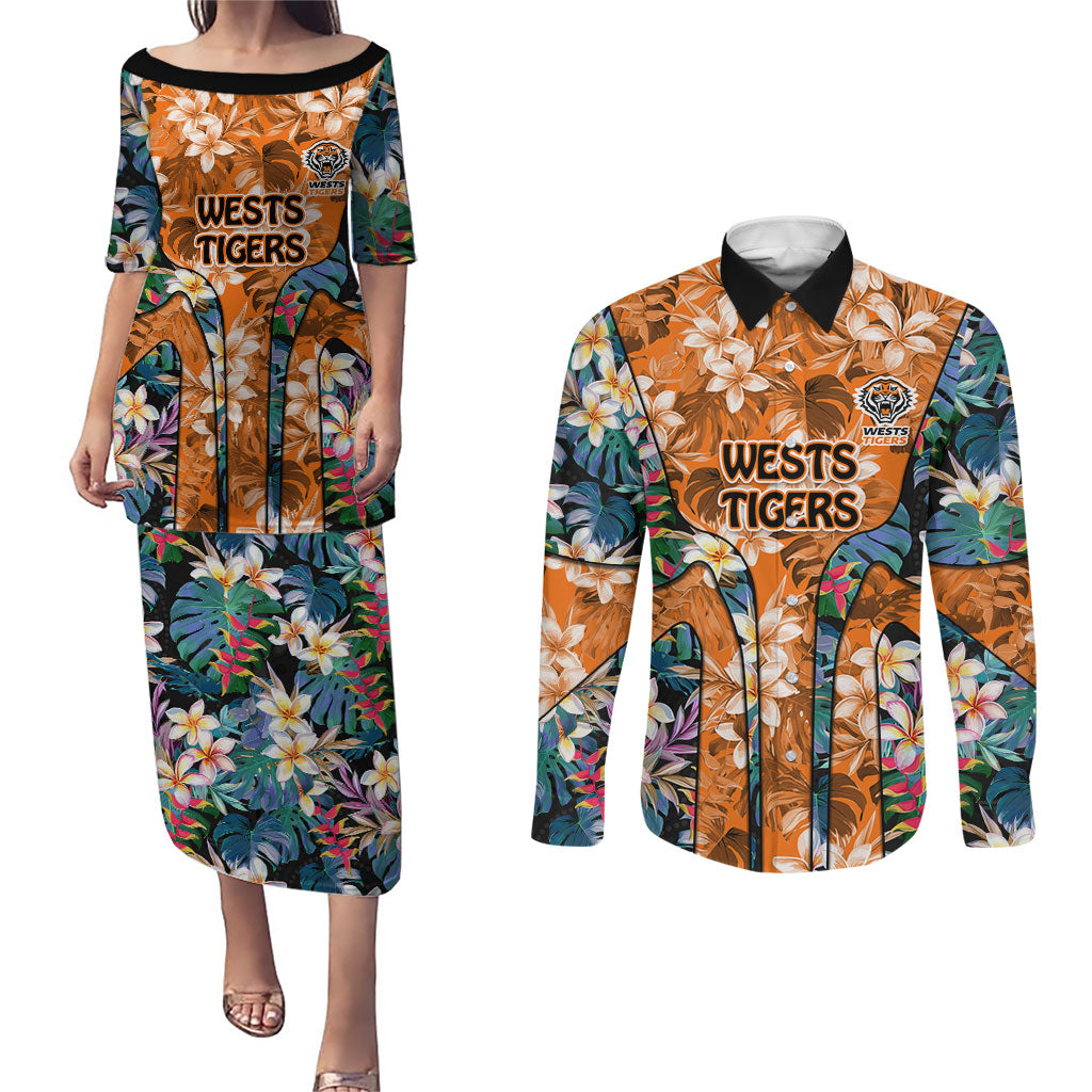 Wests Tigers Couples Matching Puletasi and Long Sleeve Button Shirt Tropical Hibiscus Floral Pattern With Orange And Black Accents