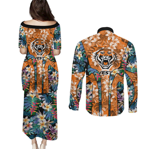 Wests Tigers Couples Matching Puletasi and Long Sleeve Button Shirt Tropical Hibiscus Floral Pattern With Orange And Black Accents