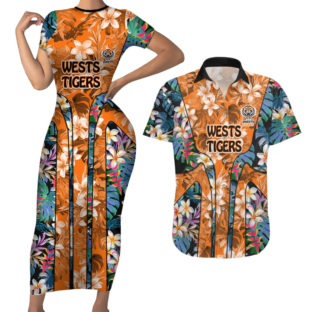 Wests Tigers Couples Matching Short Sleeve Bodycon Dress and Hawaiian Shirt Tropical Hibiscus Floral Pattern With Orange And Black Accents