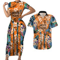 Wests Tigers Couples Matching Short Sleeve Bodycon Dress and Hawaiian Shirt Tropical Hibiscus Floral Pattern With Orange And Black Accents