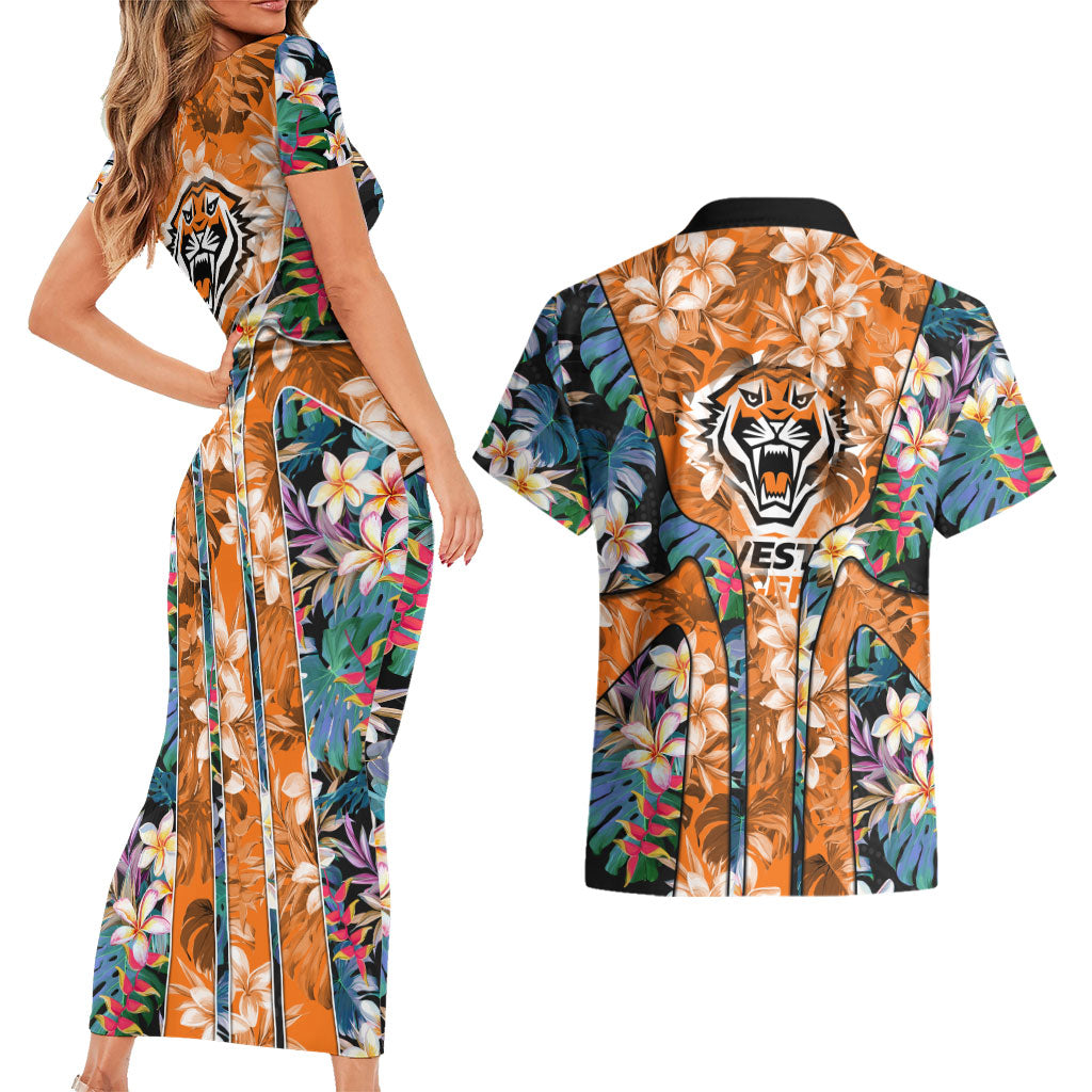 Wests Tigers Couples Matching Short Sleeve Bodycon Dress and Hawaiian Shirt Tropical Hibiscus Floral Pattern With Orange And Black Accents