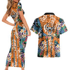 Wests Tigers Couples Matching Short Sleeve Bodycon Dress and Hawaiian Shirt Tropical Hibiscus Floral Pattern With Orange And Black Accents