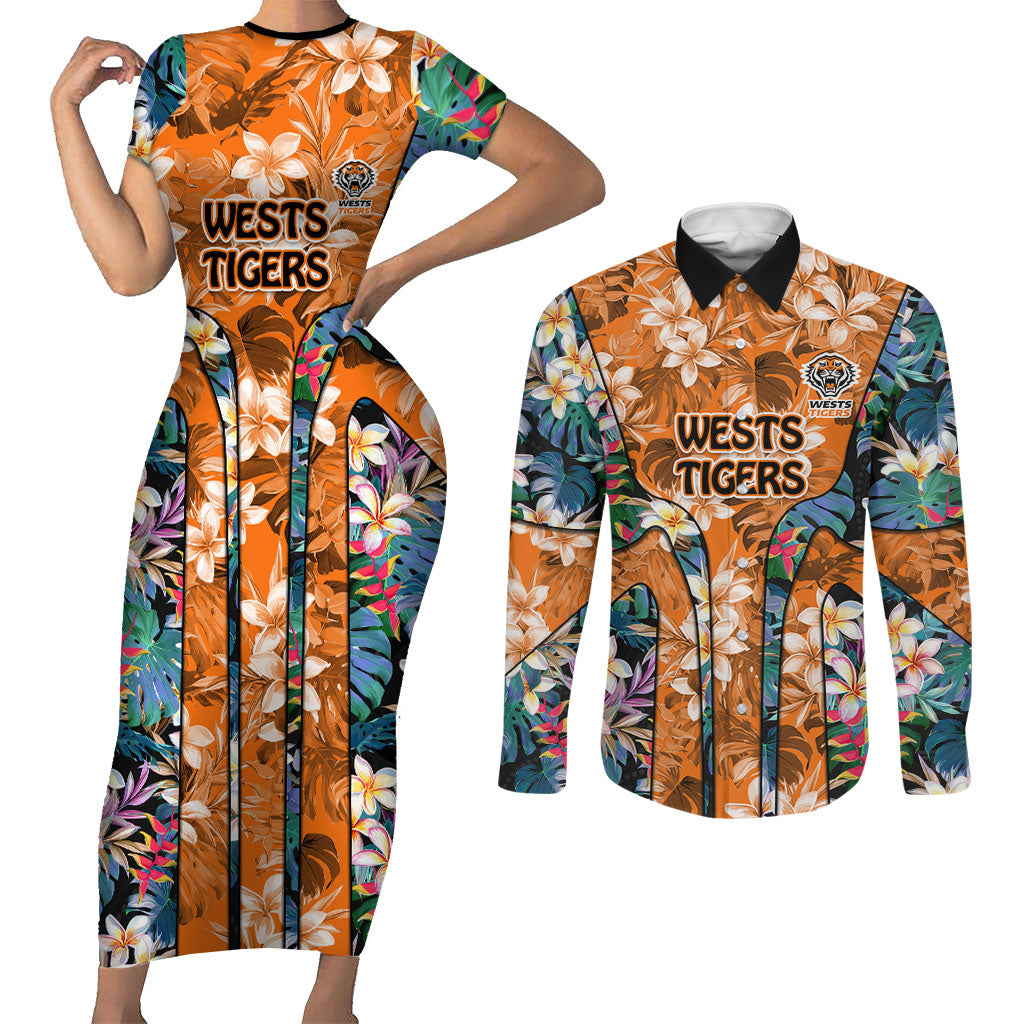 Wests Tigers Couples Matching Short Sleeve Bodycon Dress and Long Sleeve Button Shirt Tropical Hibiscus Floral Pattern With Orange And Black Accents