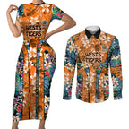 Wests Tigers Couples Matching Short Sleeve Bodycon Dress and Long Sleeve Button Shirt Tropical Hibiscus Floral Pattern With Orange And Black Accents