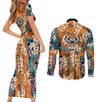 Wests Tigers Couples Matching Short Sleeve Bodycon Dress and Long Sleeve Button Shirt Tropical Hibiscus Floral Pattern With Orange And Black Accents