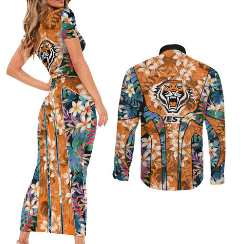 Wests Tigers Couples Matching Short Sleeve Bodycon Dress and Long Sleeve Button Shirt Tropical Hibiscus Floral Pattern With Orange And Black Accents