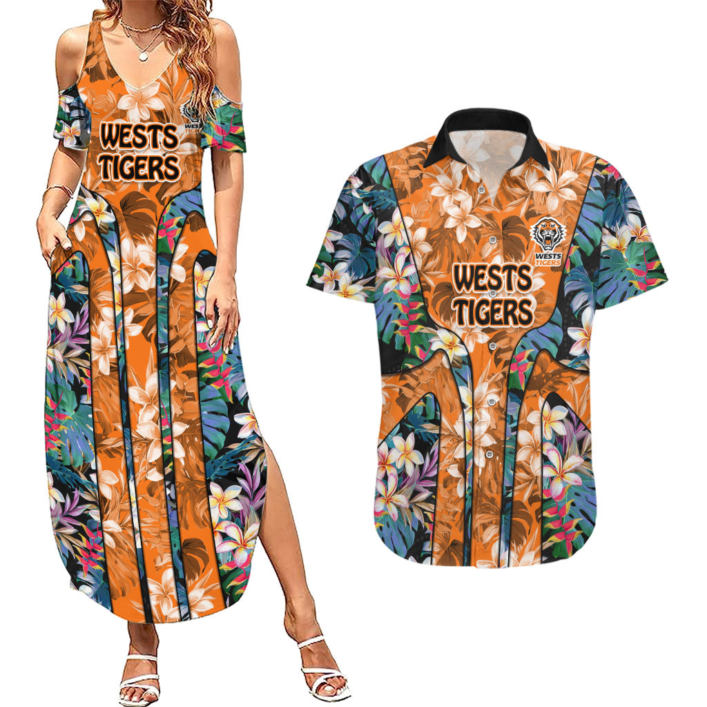 Wests Tigers Couples Matching Summer Maxi Dress and Hawaiian Shirt Tropical Hibiscus Floral Pattern With Orange And Black Accents