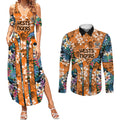 Wests Tigers Couples Matching Summer Maxi Dress and Long Sleeve Button Shirt Tropical Hibiscus Floral Pattern With Orange And Black Accents