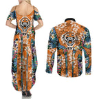 Wests Tigers Couples Matching Summer Maxi Dress and Long Sleeve Button Shirt Tropical Hibiscus Floral Pattern With Orange And Black Accents