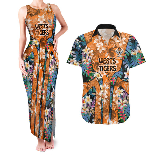 Wests Tigers Couples Matching Tank Maxi Dress and Hawaiian Shirt Tropical Hibiscus Floral Pattern With Orange And Black Accents