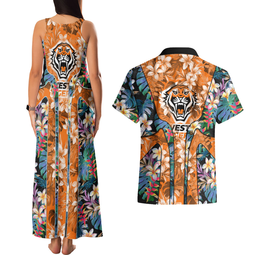 Wests Tigers Couples Matching Tank Maxi Dress and Hawaiian Shirt Tropical Hibiscus Floral Pattern With Orange And Black Accents