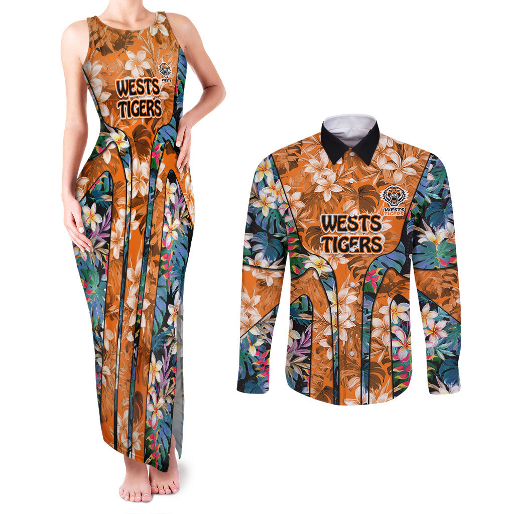 Wests Tigers Couples Matching Tank Maxi Dress and Long Sleeve Button Shirt Tropical Hibiscus Floral Pattern With Orange And Black Accents