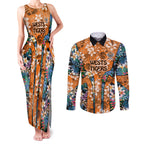 Wests Tigers Couples Matching Tank Maxi Dress and Long Sleeve Button Shirt Tropical Hibiscus Floral Pattern With Orange And Black Accents