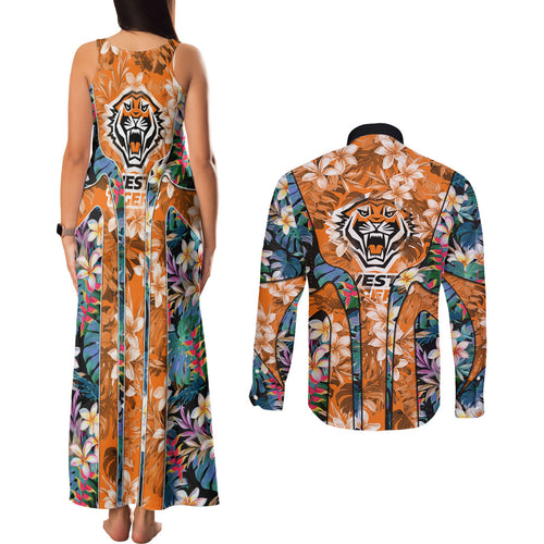 Wests Tigers Couples Matching Tank Maxi Dress and Long Sleeve Button Shirt Tropical Hibiscus Floral Pattern With Orange And Black Accents