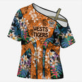 Wests Tigers Cross Shoulder Shirt Tropical Hibiscus Floral Pattern With Orange And Black Accents