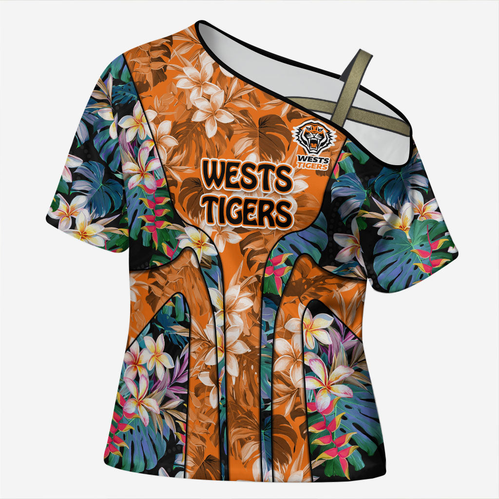 Wests Tigers Cross Shoulder Shirt Tropical Hibiscus Floral Pattern With Orange And Black Accents