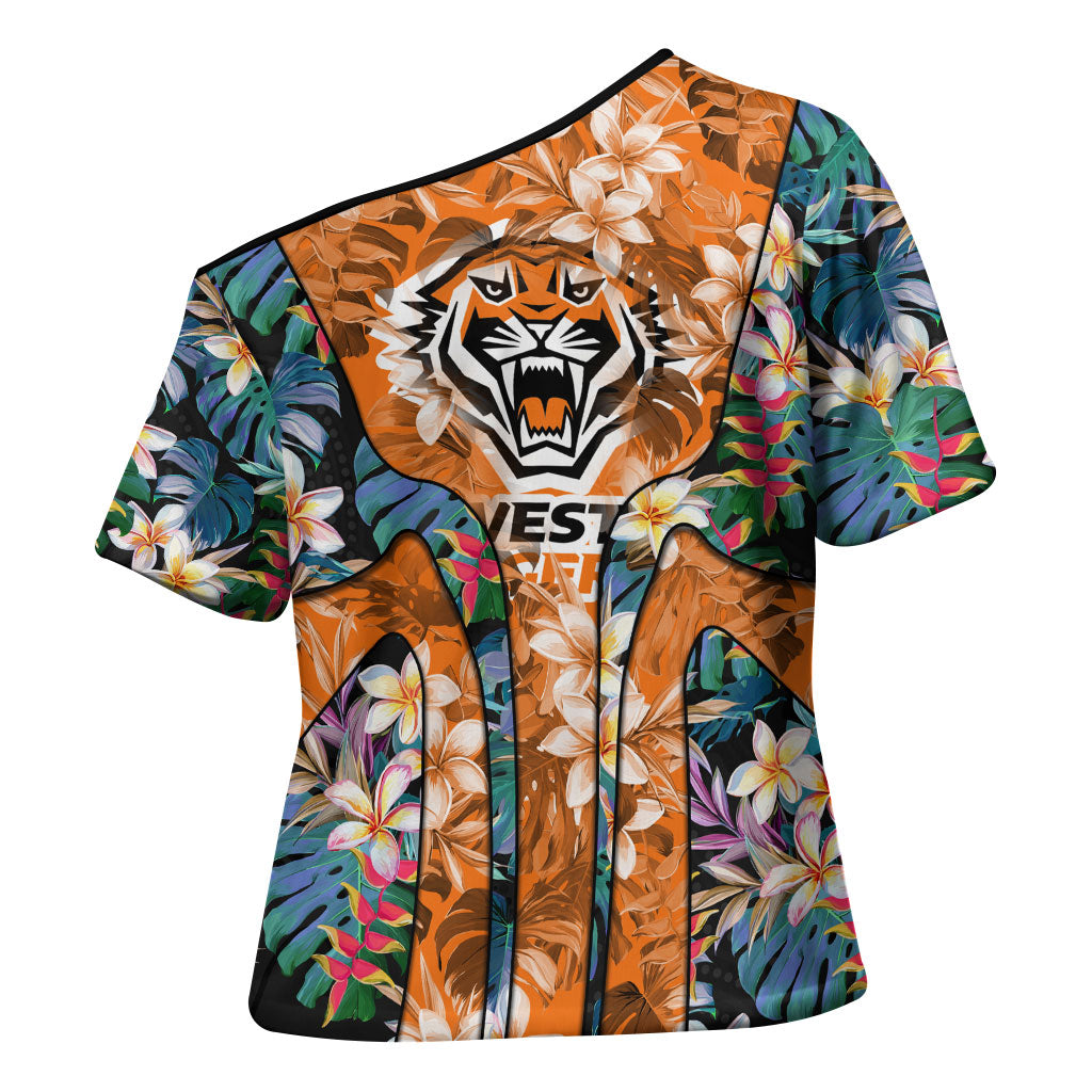 Wests Tigers Cross Shoulder Shirt Tropical Hibiscus Floral Pattern With Orange And Black Accents