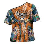 Wests Tigers Cross Shoulder Shirt Tropical Hibiscus Floral Pattern With Orange And Black Accents