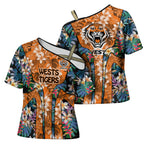 Wests Tigers Cross Shoulder Shirt Tropical Hibiscus Floral Pattern With Orange And Black Accents