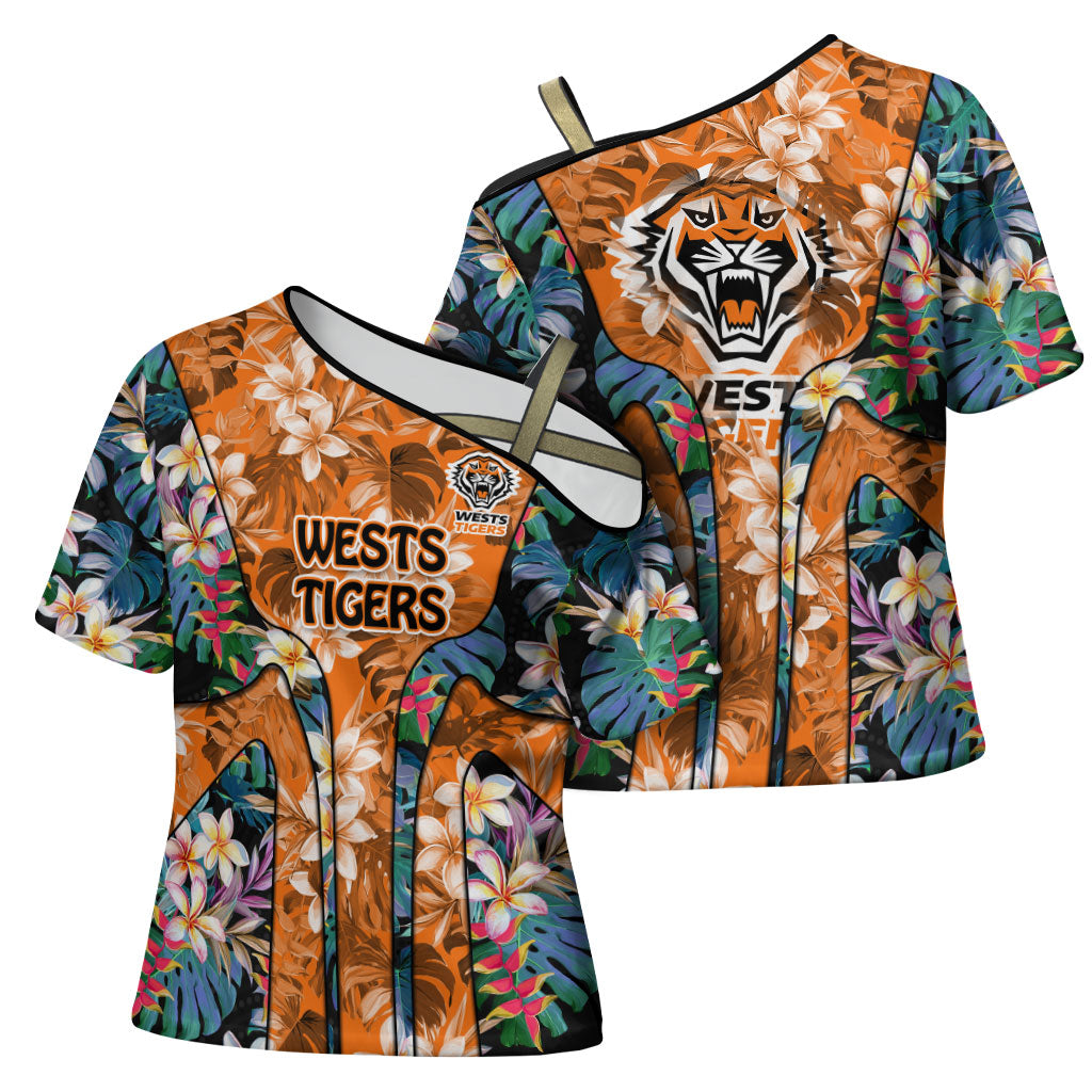 Wests Tigers Cross Shoulder Shirt Tropical Hibiscus Floral Pattern With Orange And Black Accents