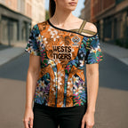 Wests Tigers Cross Shoulder Shirt Tropical Hibiscus Floral Pattern With Orange And Black Accents