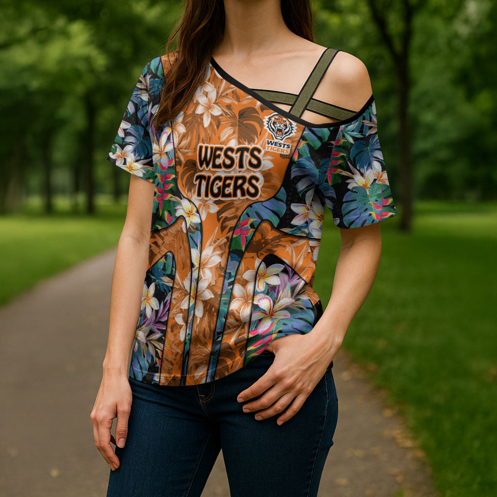 Wests Tigers Cross Shoulder Shirt Tropical Hibiscus Floral Pattern With Orange And Black Accents