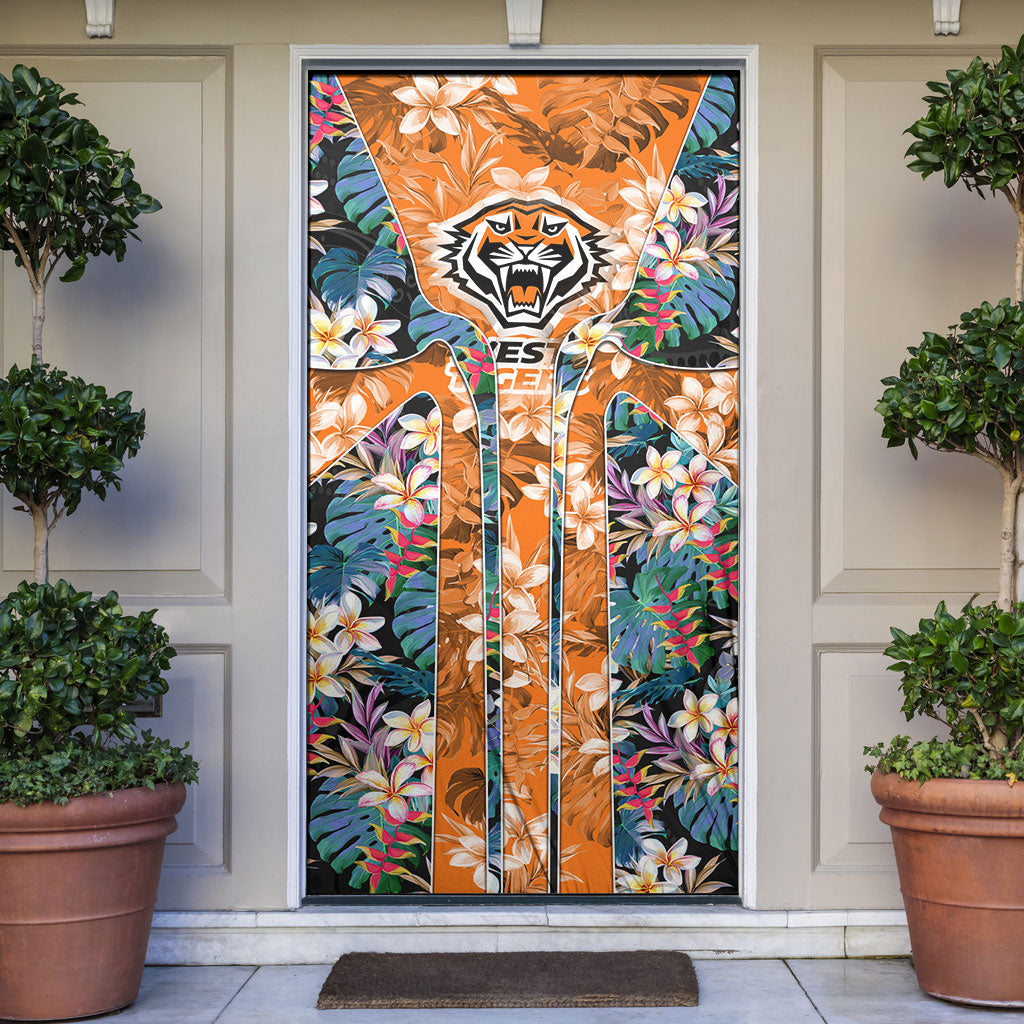 Wests Tigers Door Cover Tropical Hibiscus Floral Pattern With Orange And Black Accents