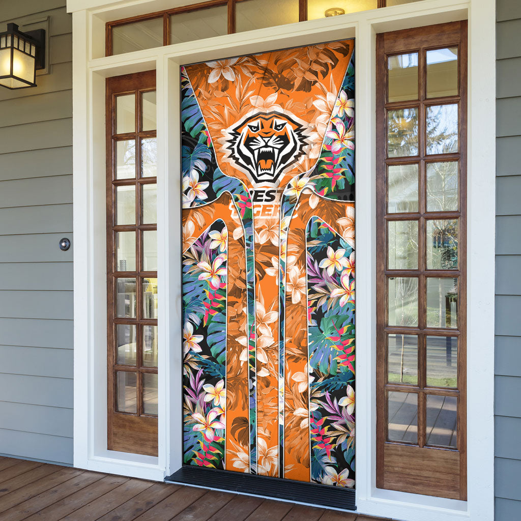Wests Tigers Door Cover Tropical Hibiscus Floral Pattern With Orange And Black Accents
