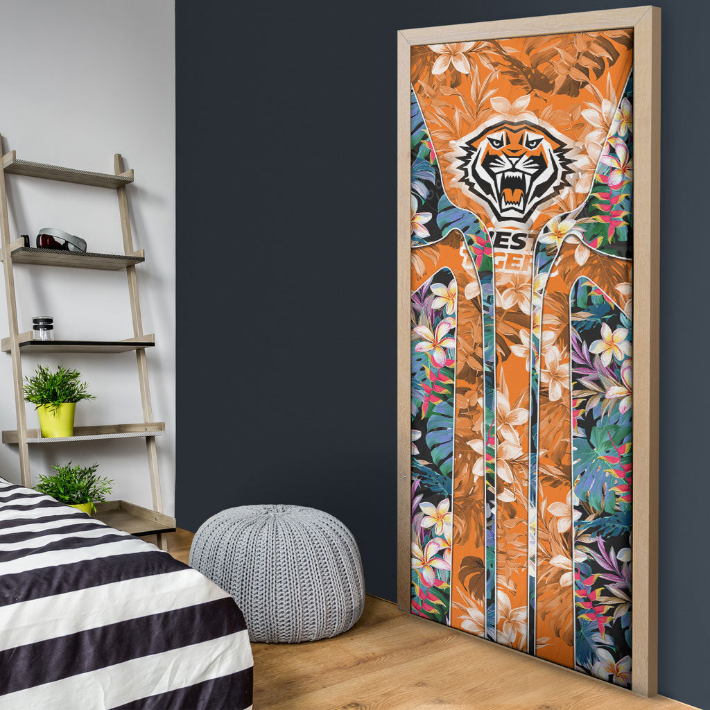 Wests Tigers Door Cover Tropical Hibiscus Floral Pattern With Orange And Black Accents