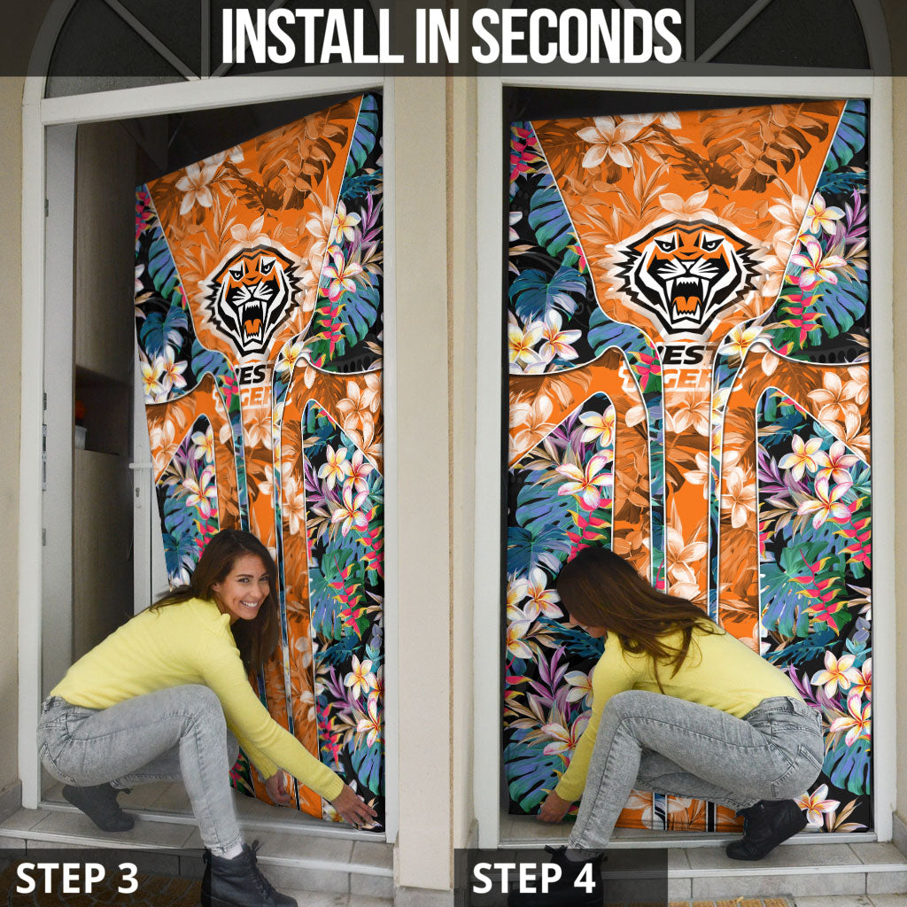 Wests Tigers Door Cover Tropical Hibiscus Floral Pattern With Orange And Black Accents
