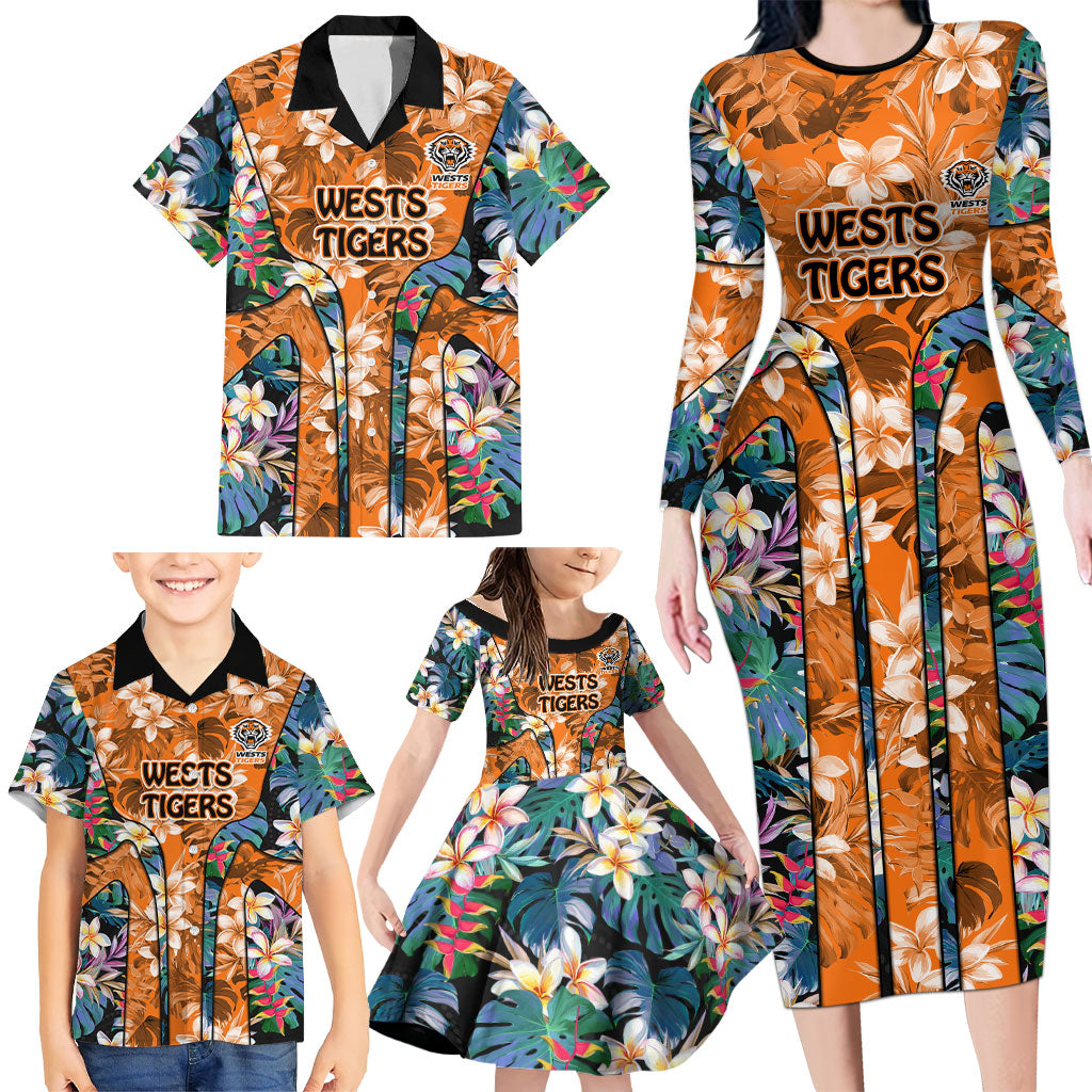 Wests Tigers Family Matching Long Sleeve Bodycon Dress and Hawaiian Shirt Tropical Hibiscus Floral Pattern With Orange And Black Accents