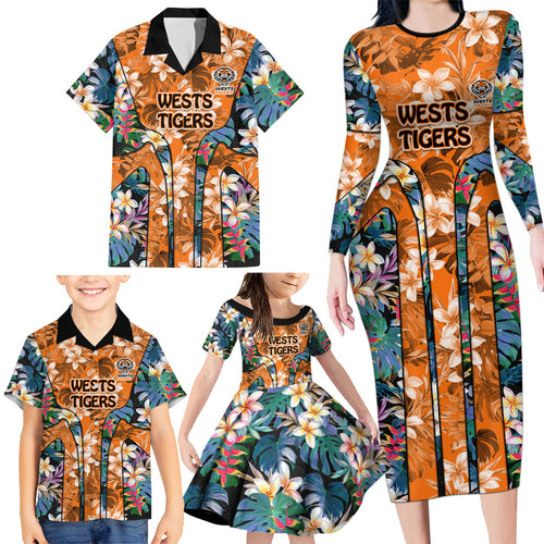 Wests Tigers Family Matching Long Sleeve Bodycon Dress and Hawaiian Shirt Tropical Hibiscus Floral Pattern With Orange And Black Accents