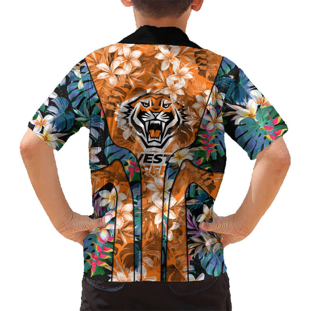 Wests Tigers Family Matching Long Sleeve Bodycon Dress and Hawaiian Shirt Tropical Hibiscus Floral Pattern With Orange And Black Accents