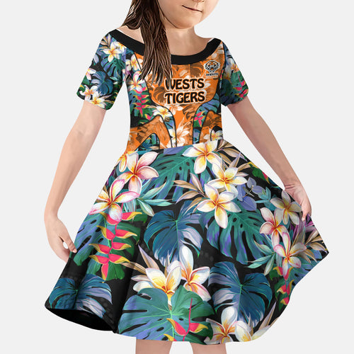 Wests Tigers Family Matching Long Sleeve Bodycon Dress and Hawaiian Shirt Tropical Hibiscus Floral Pattern With Orange And Black Accents