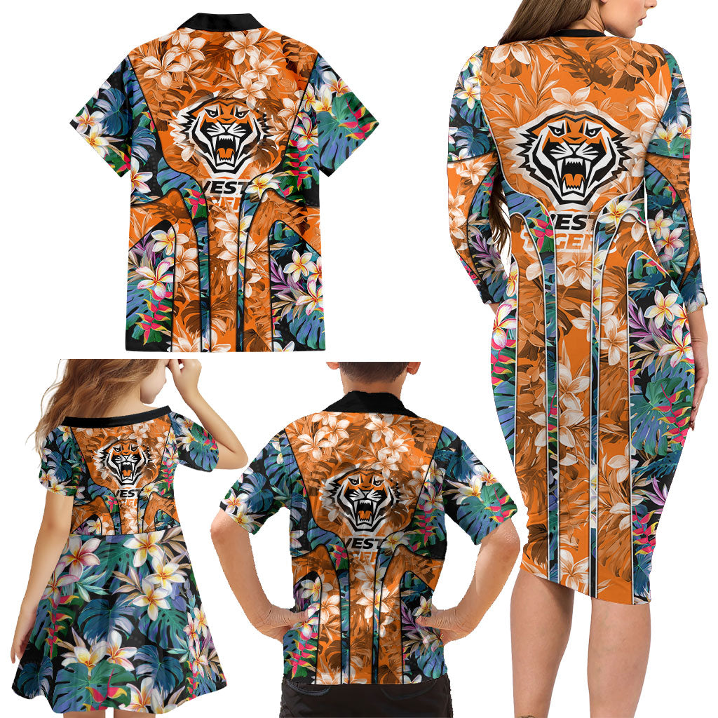 Wests Tigers Family Matching Long Sleeve Bodycon Dress and Hawaiian Shirt Tropical Hibiscus Floral Pattern With Orange And Black Accents