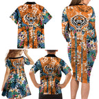 Wests Tigers Family Matching Long Sleeve Bodycon Dress and Hawaiian Shirt Tropical Hibiscus Floral Pattern With Orange And Black Accents
